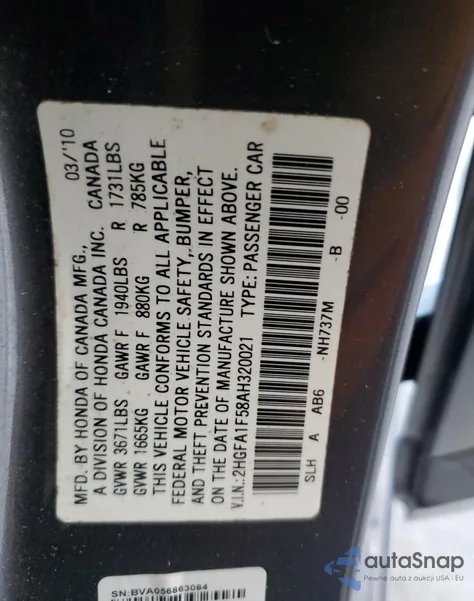 2010 Honda Civic Lx z USA, uszkodzony, nr VIN 2HGFA1F58AH320021